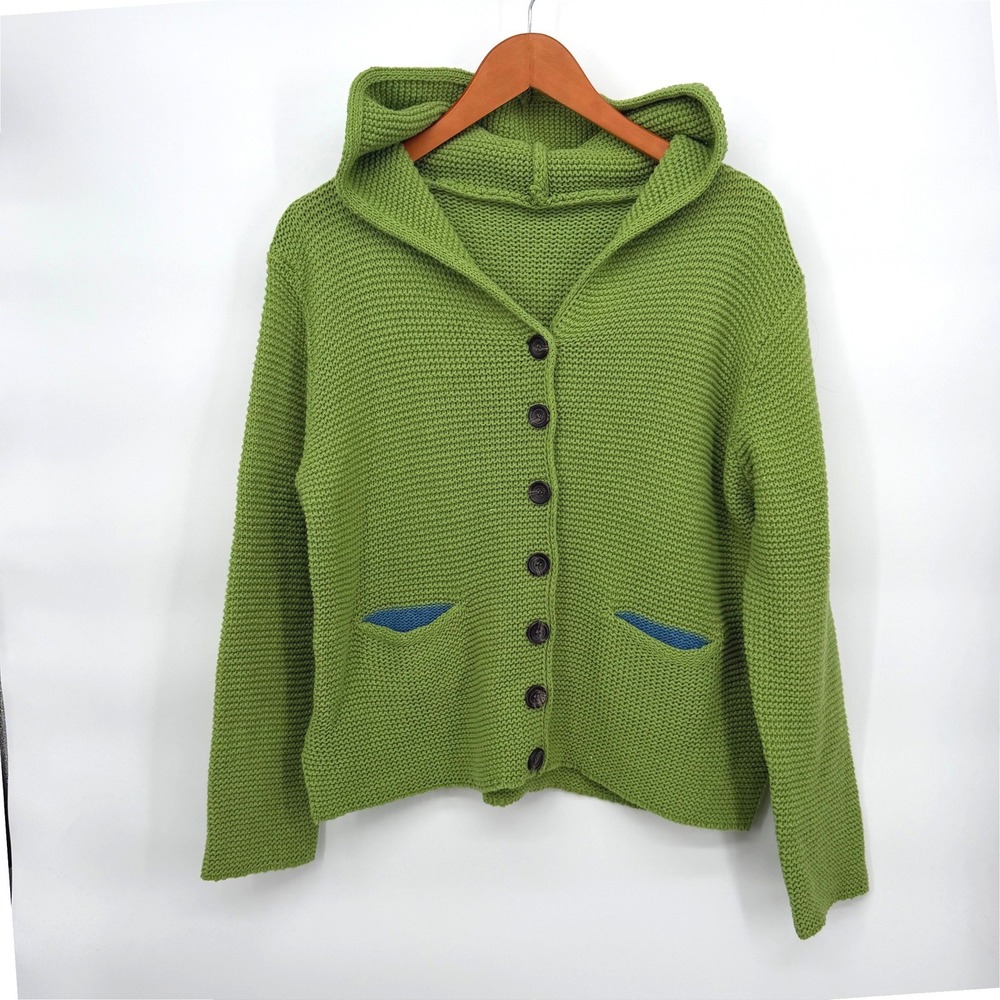 Misslook Hooded Cardigan Sweater Green Button Front Chunky Knit Cozy Sz XL